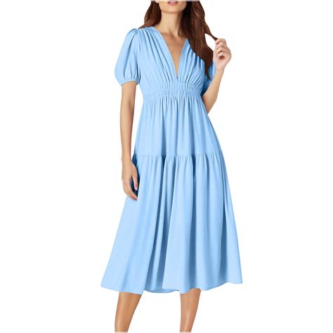 Light Royal Blue Casual Dresses for Ladies Fall Summer Puff Sleeve V ...