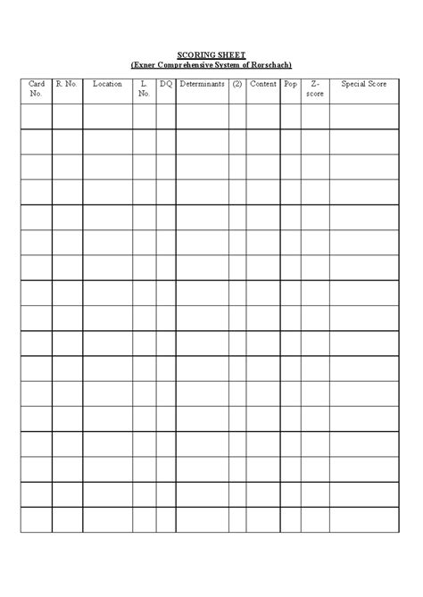 Rorschach Response Sheet: Exner Comprehensive System Analysis - Studocu