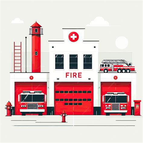 Premium Vector | A drawing of a fire department with a fire truck and ...
