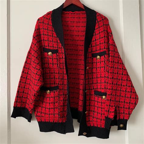 red and black oversized cardigan with black and gold... - Depop