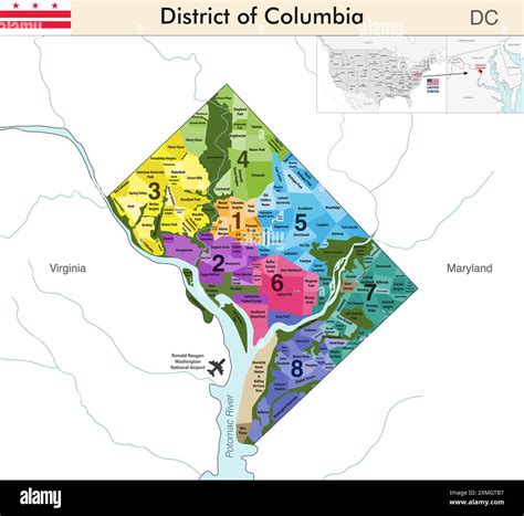 District of Columbia map with neighborhoods boundaries and colored by ...