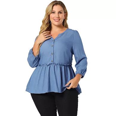 Women's Plus Size Peplum Top Pullover Puffy Sleeve High Waist Blouses