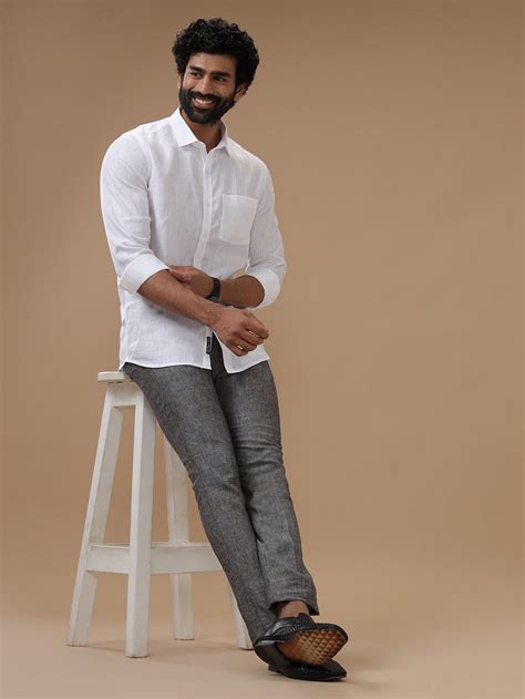 Men Pure Linen Grey Pant with Trim Fit PL02