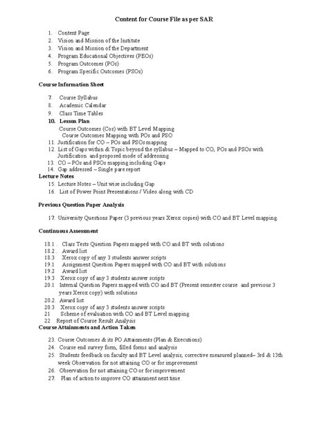 Course File Content Overview for SAR 1.2.3.4.5.6 - Studocu