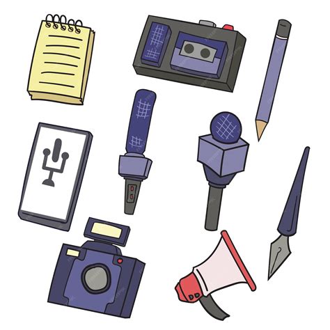 Premium Vector | Hand drawn journalist equipment icon journalism elements set