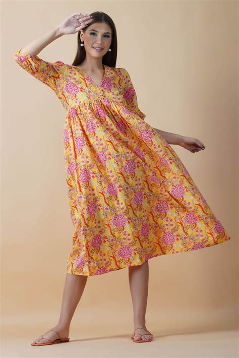 Yellow Floral Block Printed V-Neck Dress With Flared Hem & Pleated Sle ...