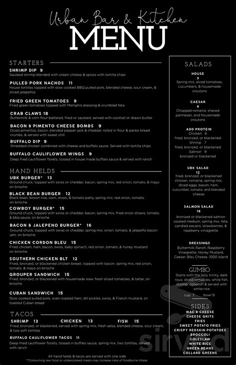 Urban Bar & Kitchen menu in Tuscaloosa, Alabama, USA