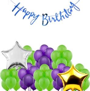 B4 Birthday Combo Blue Bunting + 30 Light Green+Purple Balloon +2 Gold ...