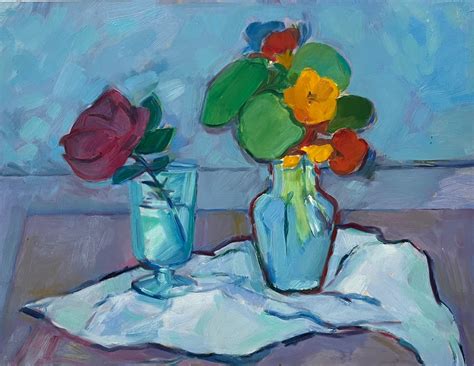 Roland Pichard - Still Life with Rose and Nasturtiums - Vibrant ...