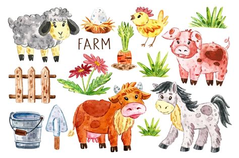 Farm animals clip art, set of elements. cow, horse, pig, sheep, chicken ...