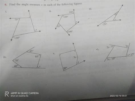 V. 9. Find the angle measure x in each of the following figures. i. 75 ...