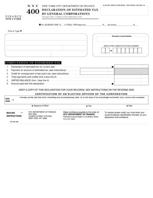 New York City Corporation Estimated Tax Declaration - Blank Fillable ...