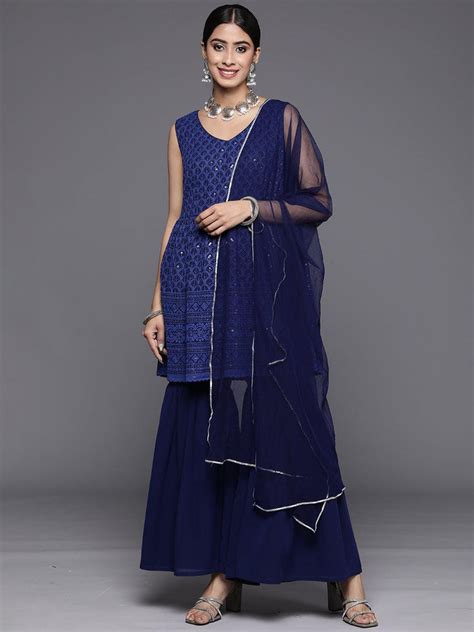 Buy Navy Blue Embroidered Georgette A-Line Sharara Suit Set With ...