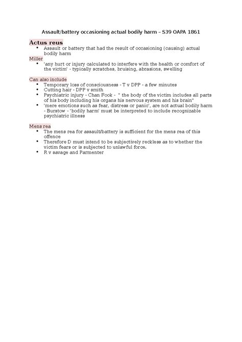 ABH - a level ocr law notes - Assault/battery occasioning actual bodily ...