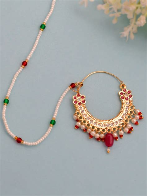 Buy Gold Plated Red & Green Stone Studded Nose Ring With Beaded Chain ...