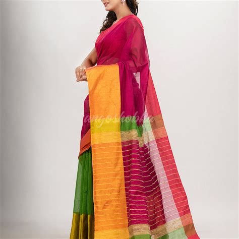 Cerise Pink & Green cotton blend half and half handloom saree – angoshobha