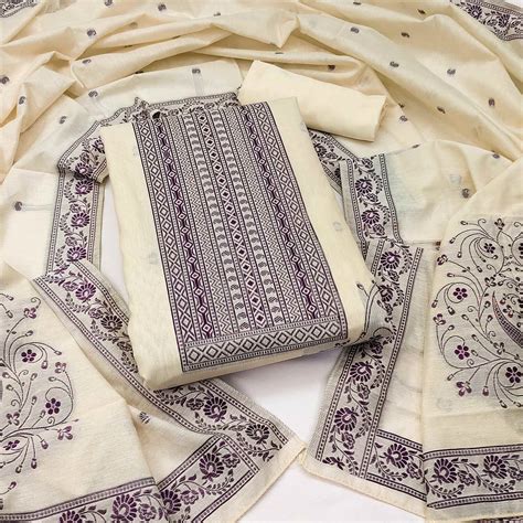 Cream & Maroon Floral Woven Pure Cotton Dress Material