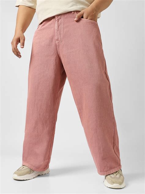 Plus Men's Dark Pink Loose Baggy Fit Washed Jeans Non-Stretchable ...