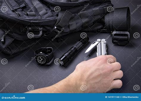 Everyday Carry EDC Items for Men in Black Color - Backpack, Tactical Belt, Flashlight, Watch and ...
