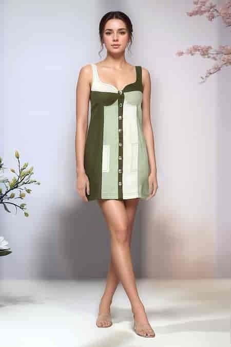 Buy Green Cotton Sweetheart Color Block Short Dress For Women by ...