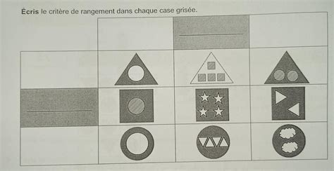 Écris le critère de rangement dans chaque case grisée. Please help me ...