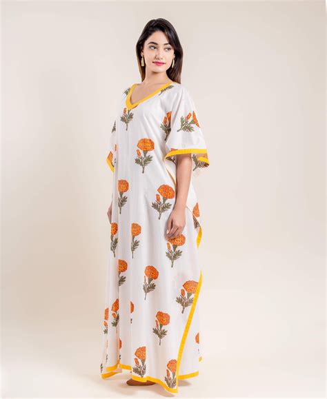 Yellow White Hand Block Printed V Neck Kaftan – MISSPRINT