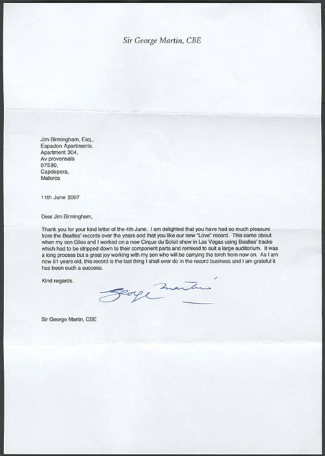 Lot Detail - George Martin Signed Letter
