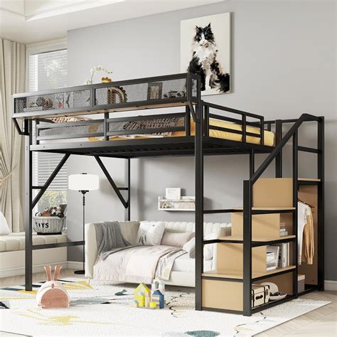 Amazon.com: SOFTSEA Queen Size Loft Bed with Stairs, Heavy-Duty Metal ...