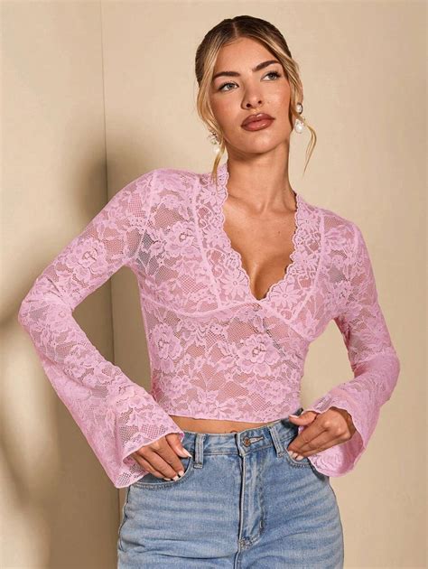 SHEIN BAE Solid Color Sexy Sheer Red Lace V-Neck Bodycon Flared Long ...