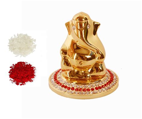 Buy Purpledip Golden Ganesha Statue & Roli Chawal Teeka: Bhai Dooj ...