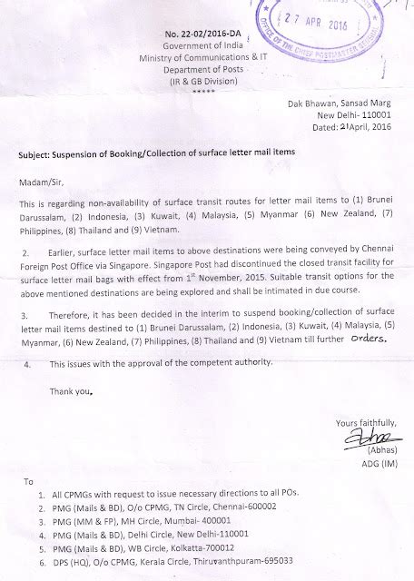 DoP temporarily suspended booking of surface mail items to several ...