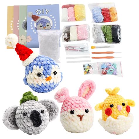 PATPAT® 4Pcs DIY Crochet Kit for Beginners | Cartoon Chenille Animals ...
