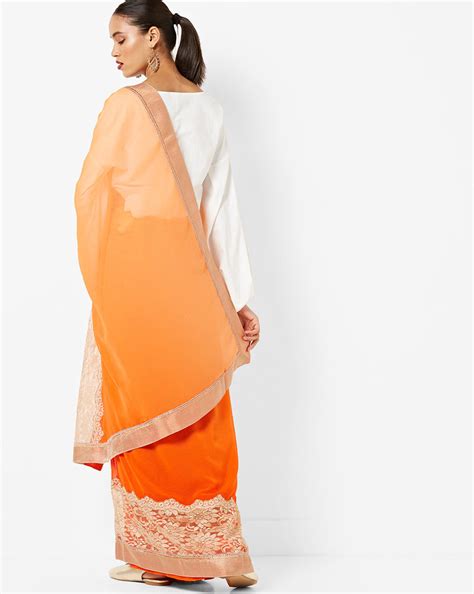 JDWW3767 Ombre Pastel Orange Georgette Summer Saree with Chantilly Lace ...