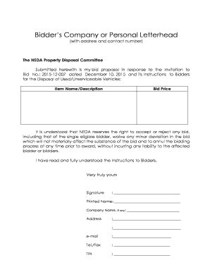 Fillable Online Bidders Company or Personal Letterhead - nedagovph Fax ...
