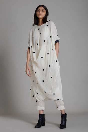 Buy Off White Pure Linen Thread Round Draped Tunic For Women by Mati ...