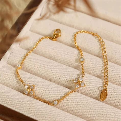 18KT Gold Plated Minimal Flower and Zircon Stainless Steel Waterproof ...