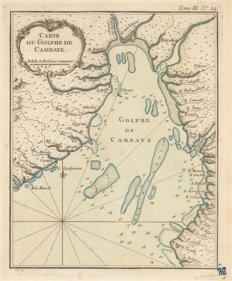 Jacques-Nicolas Bellin, Chart of the Gulf of Khambhat (Cambay), 1764 ...