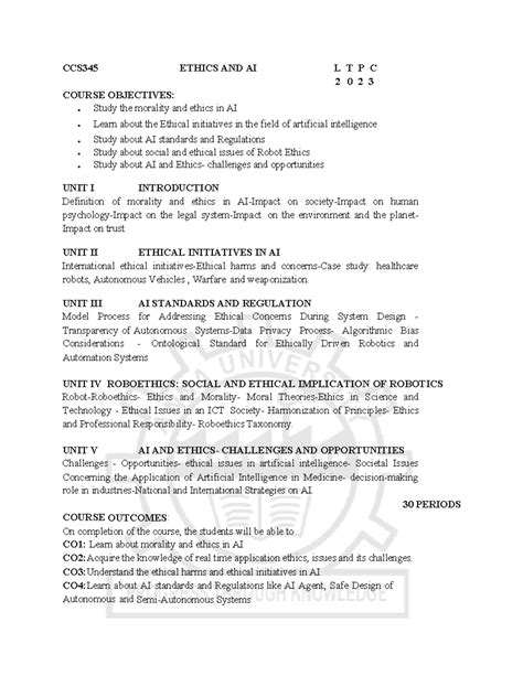 CCS345 Ethics in AI: Course Syllabus and Objectives - Studocu