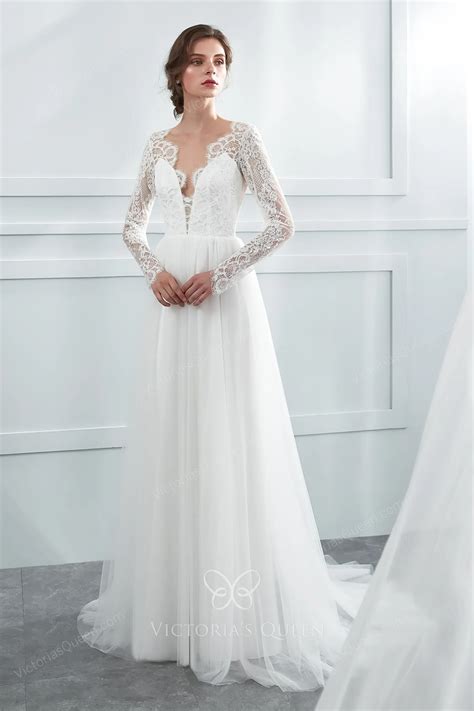 Scalloped V-neck Lace & Tulle Long Sleeve Boho Bridal Dress - VQ
