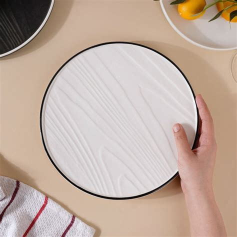 Ceramic Wooden Texture Round Platter White 9.5 Inch