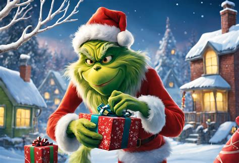 A green grin holding a present in front of a snowy house - SeaArt AI