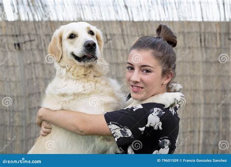 Dog Breed Golden Retriever Giving a Hug To His Owner. Stock Image ...