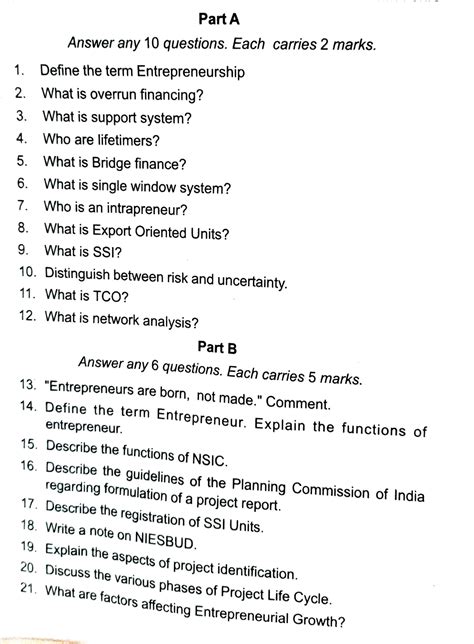 Entrepreneurship model question paper - Part A Answer any 10 questions ...
