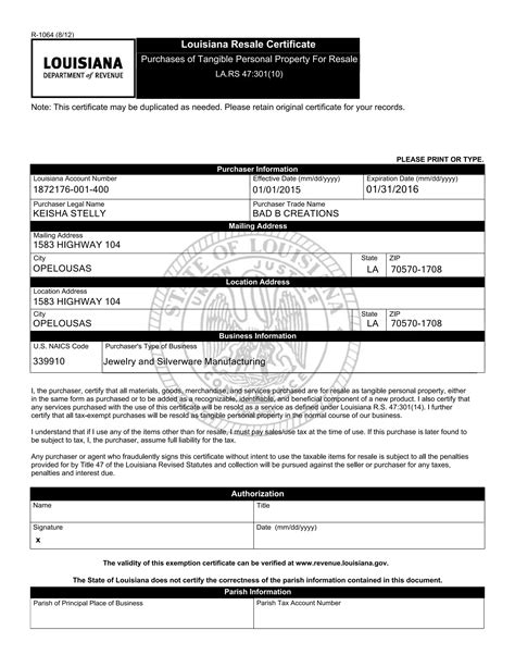 Louisiana Resale Certificate | PDF