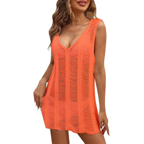 Huowey Women Deep V-Neck Lace Knitted Beach Cover Up Dress For ...