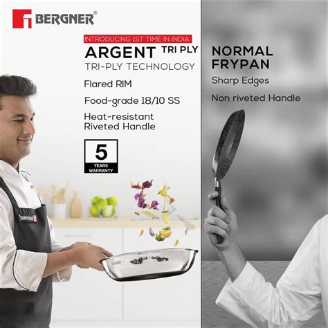 Buy BERGNER Argent Silver Solid Stainless Steel Frying Pan with Lid ...