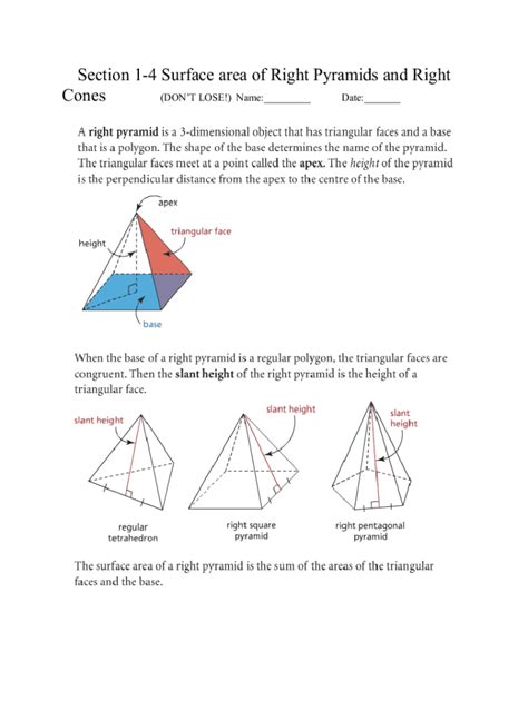Fillable Online Section 1-4 Surface area of Right Pyramids and Right ...