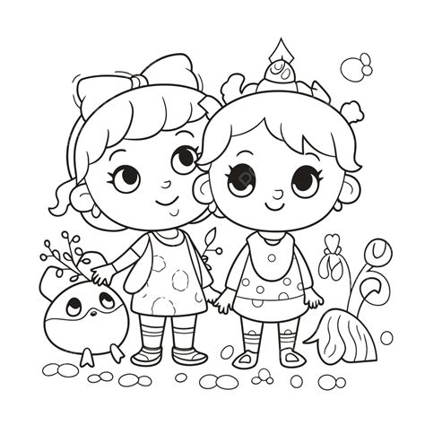 Two Cute Little Girls Coloring Page Outline Sketch Drawing Vector, Wing Drawing, Girl Drawing ...
