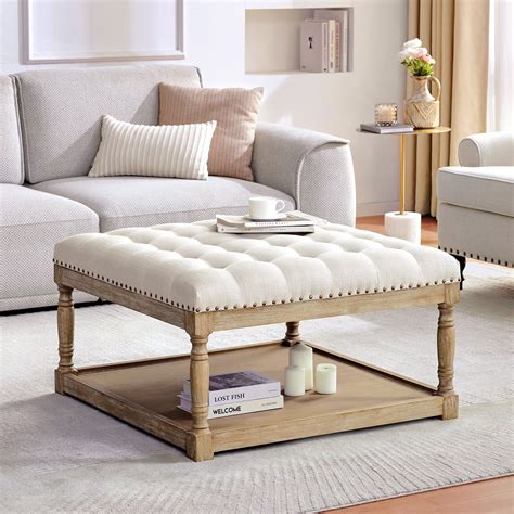 HUIMO Large Square Ottoman Coffee Table, Linen Upholstered, Button ...