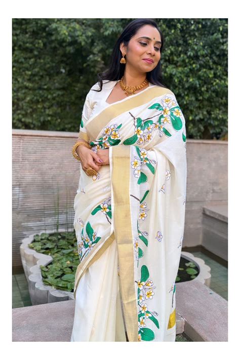 Kerala Cotton Kasavu Saree with White Green and Yellow Floral Embroide ...